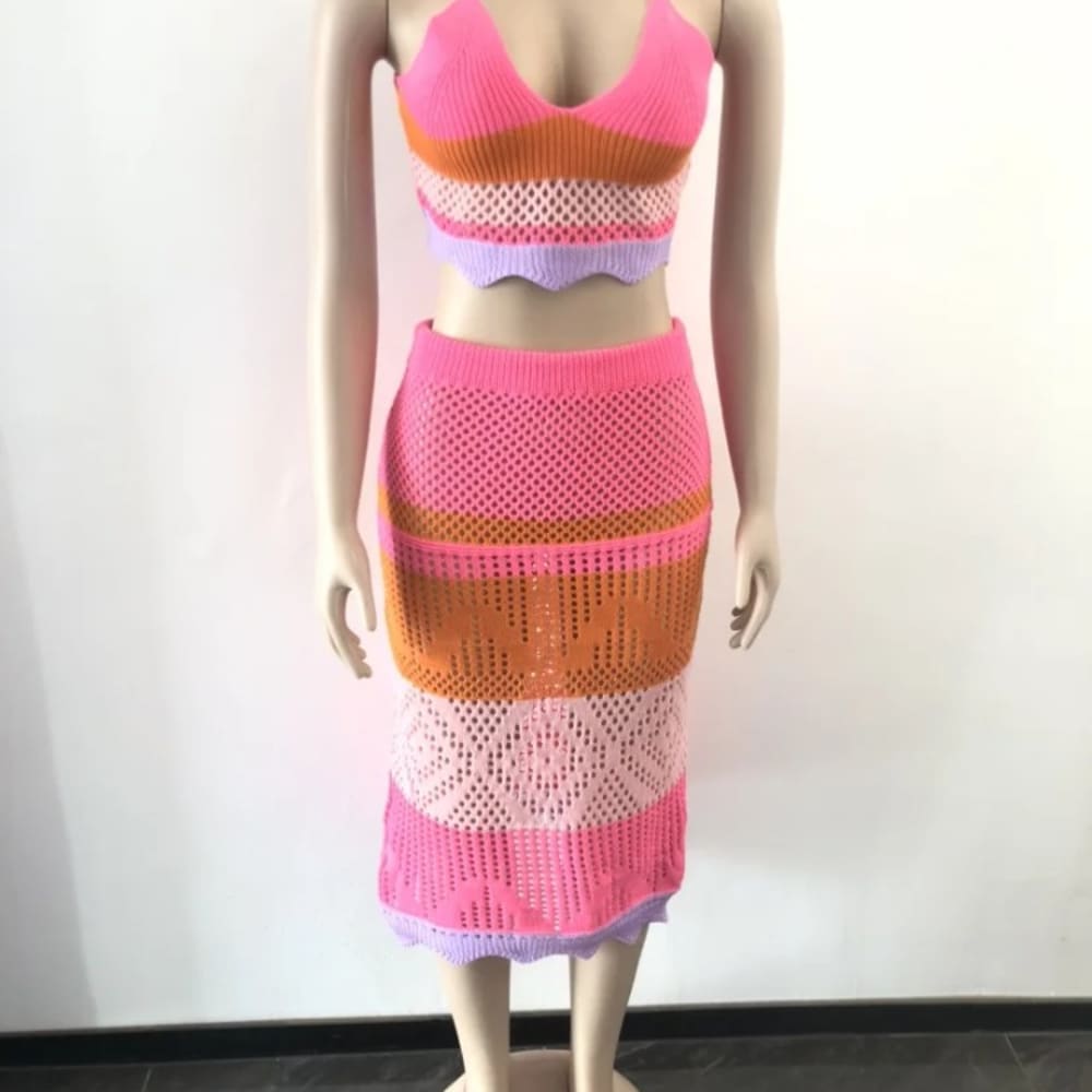 2024 Summer Beach Knit Rib 2 Piece Set Color Block Crop Top 